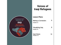 [ai] A graphic titled 'Voices of Iraqi Refugees' with a circular logo depicting a handshake, accompanied by lesson plan titles and grade levels: 'Making a Connection' for Grades K-4, 'Visualizing Iraq' for Grades 5-8, and 'Iraqi Voices' for Grades 9-12.